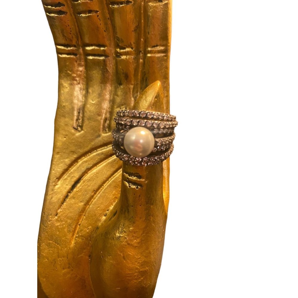 SOLD Sterling Silver Pearl and Rhinestone "multi band" Ring Size 6